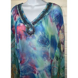 FAITH Sz SMALL Tunic Kaftan Caftan Watercolor Floral Sheer Beaded EUC